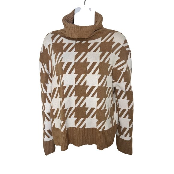 Houndstooth Pattern Turtleneck Sweater In Tan & White Medium By Laundry By Shell - Picture 4 of 8